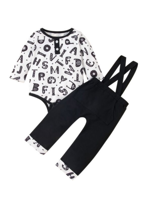 2 Pcs Baby Boy Letters Black  Set Bodysuit With Suspender Pants