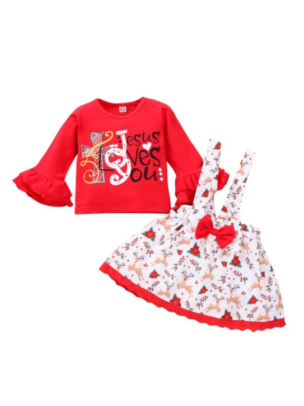 2 Pieces Toddler Girl Christmas Letters Set Flared Sleeve Top Matching Deer Bow Suspender Skirt