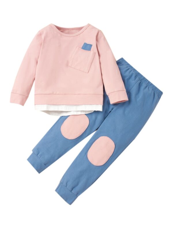 2 Pieces Kid Girl Fake Two Pieces Pink Top Matching Blue Trousers Outfits