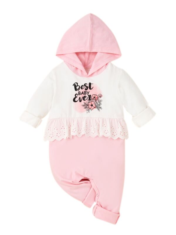 Baby Girl Letters Ruffle Trim Color Block Hoodie Jumpsuit