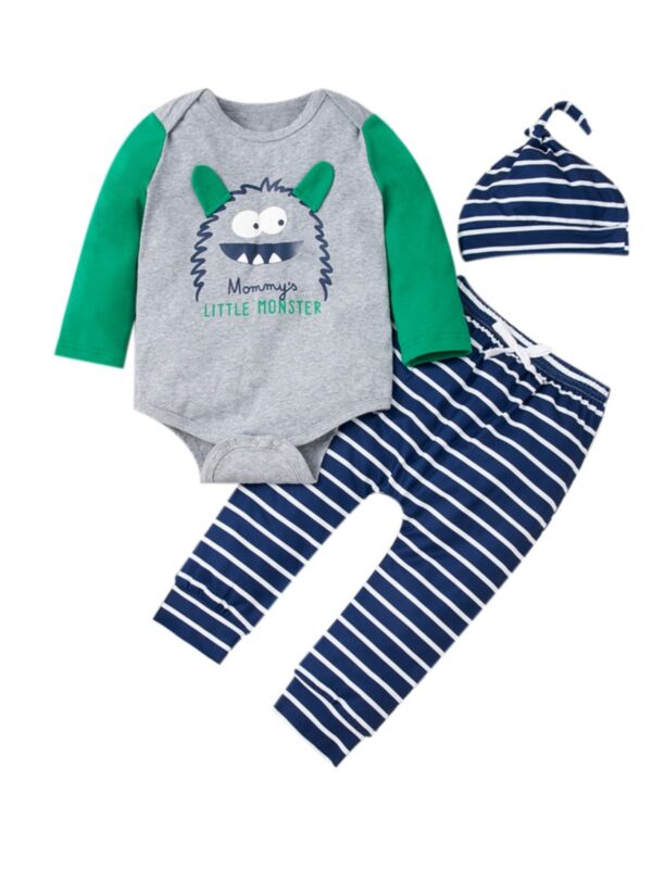 3 Pieces Baby Boy Mommy's Little Monsters Set Color Blocking Bodysuit & Stripe Pants & Hat