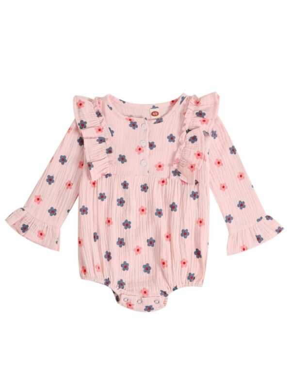 Baby Girl Flowers Ruffle Trim Muslin Pink Bodysuit