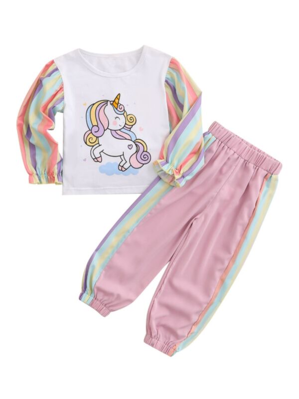 2 Pieces Kid Girl Rainbow Unicorn Stripe Set Top Matching Trousers