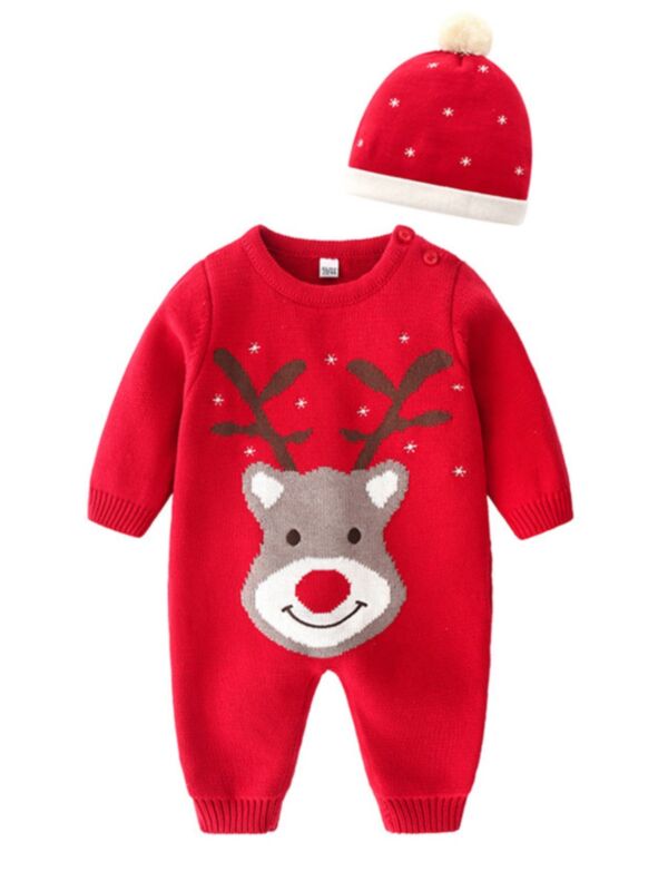 2 Pieces Baby Christmas Deer Red Jumpsuit With Hat