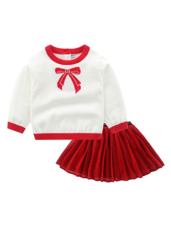 2 Pieces Toddler Girl Bow Sweater Matching Pleated Skirt Set