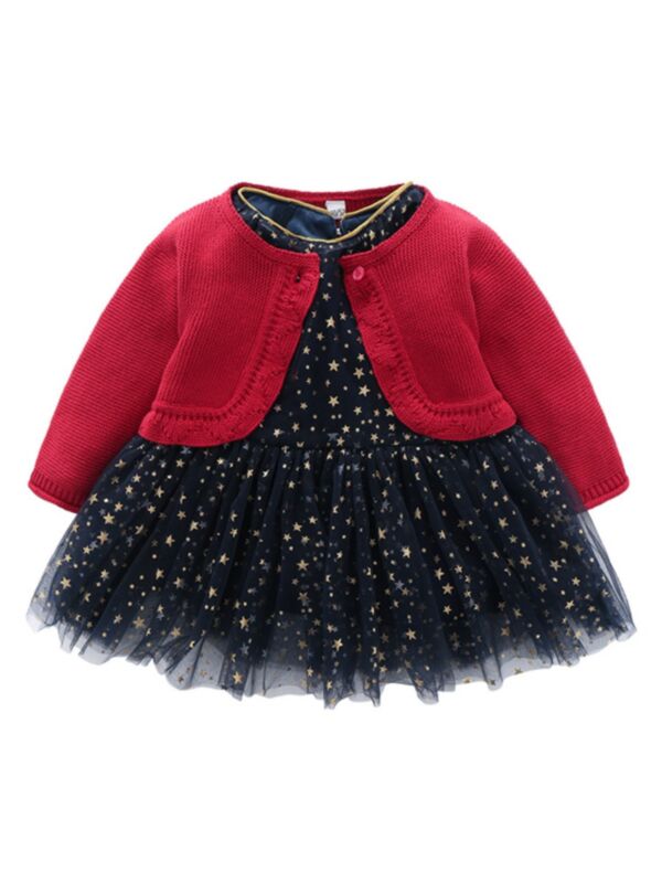 2 Pieces Infant Toddler Girl Stars Mesh Dress With Red Knit Cardigan Outfits