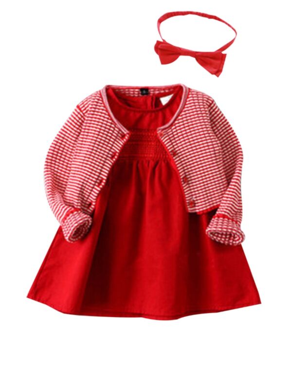 3 Pieces Little Girl Sleeveless Dress & Stripe Top & Headband Set