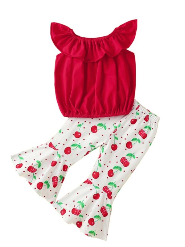 2 Pieces Toddler Girl Off Shoulder Top Matching Cherry Trousers Set