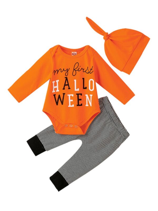 3 Pieces Baby Orange My First Halloween Set  Bodysuit & Stripe Pants & Hat