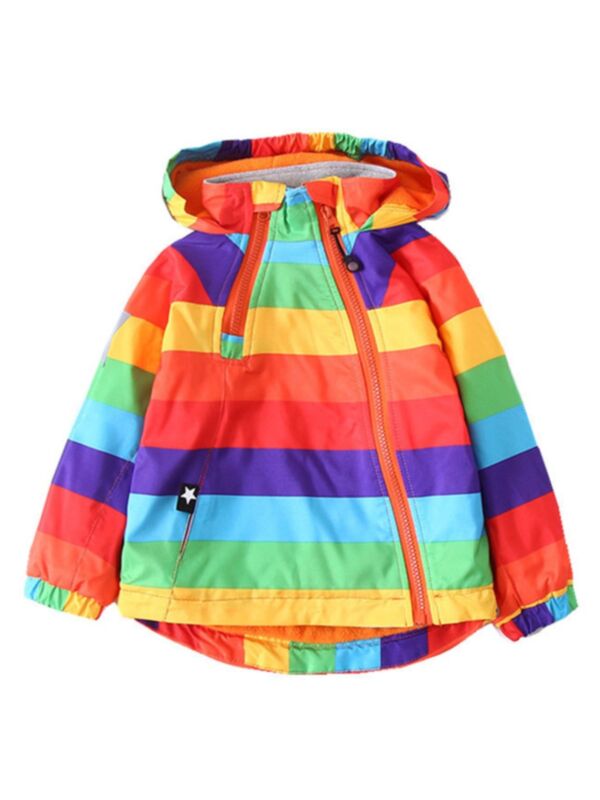 Kid Rainbow Stripe  Zipped Hooded Coat