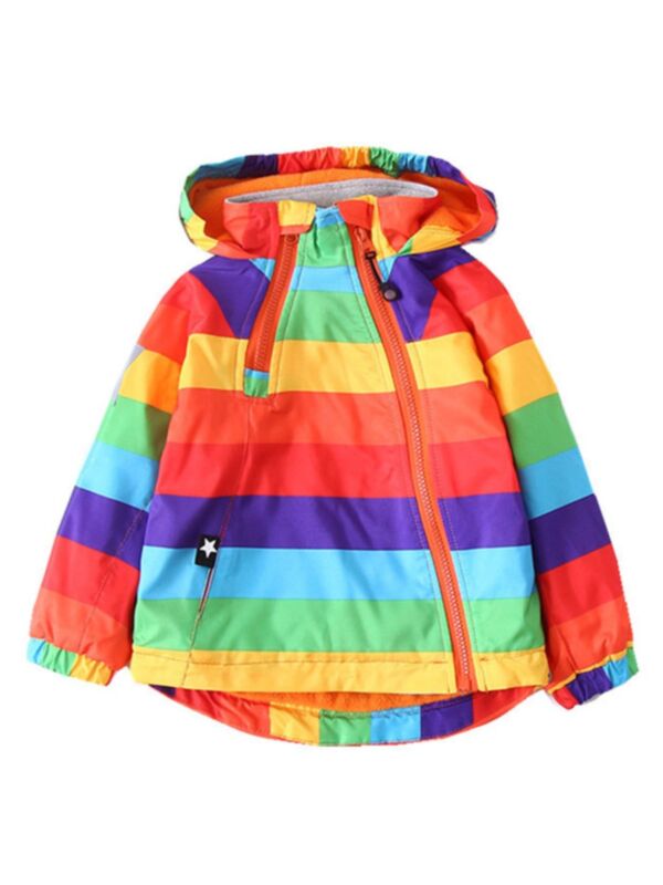 Kid Rainbow Stripe Zipped Hooded Coat