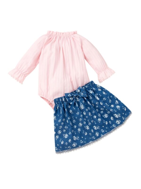 2 Pcs Baby Girl Ruffle Neck Top Matching Blue Floral Skirt Set