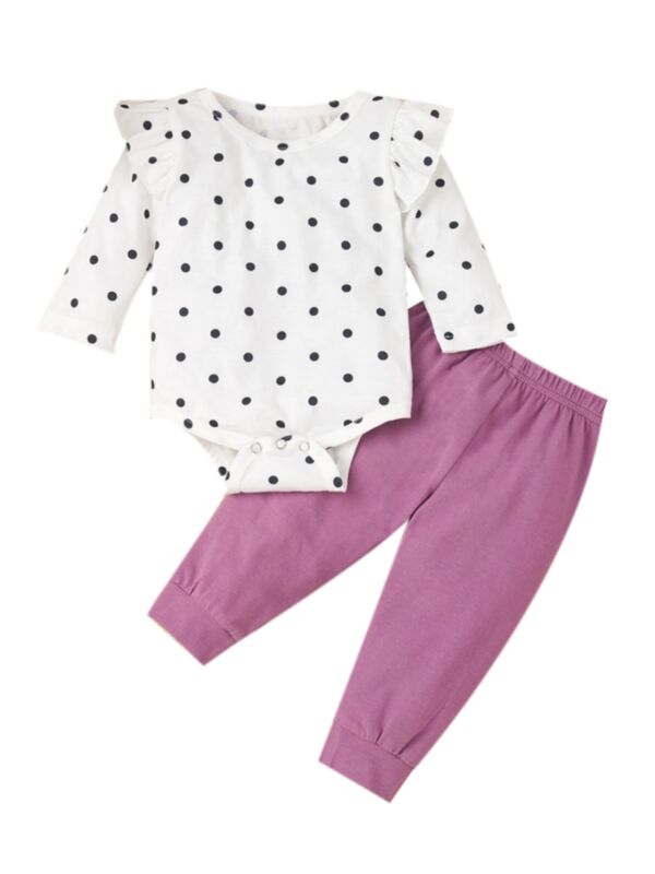 2 Pieces Baby Girl Polka Dots Bodysuit Matching Purple Trousers Set