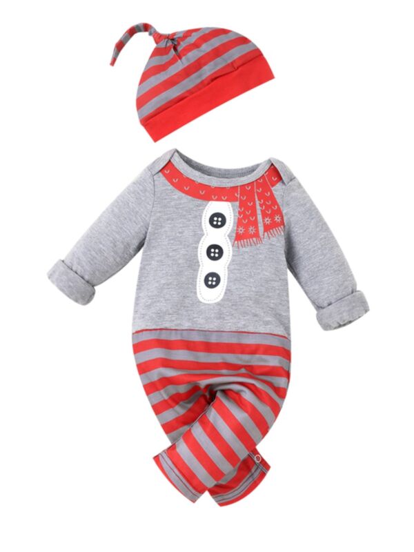 2 Pieces Baby Stripe Red & Grey Jumpsuit With Hat