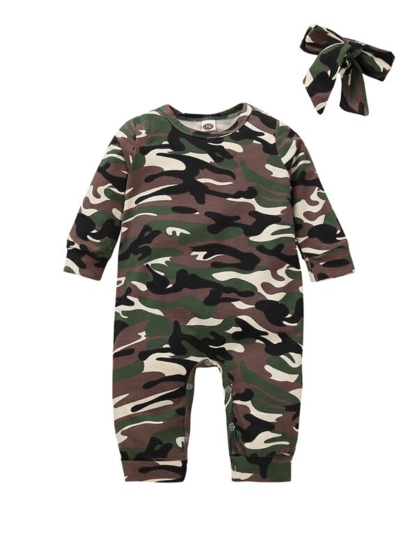 2 Pieces Baby Camo Jumpsuit With Headband
