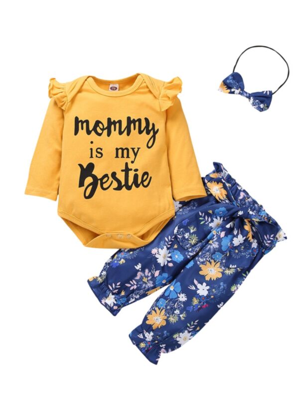 3 PCS Baby Girl Mommy Is My Bestie Floral Set Bodysuit & Trousers & Headband