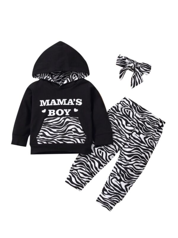 3 Pieces Baby Boy Mama's Boy Zebra Outfit Hoodie & Pants & Headband
