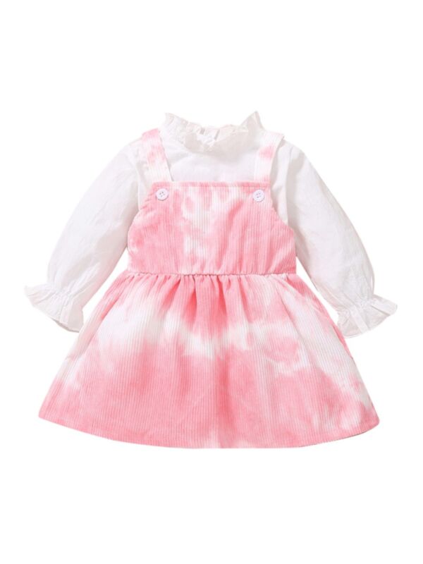2 Pieces Toddler Girl White Top With Tie-Dye Suspender Skirt Set 