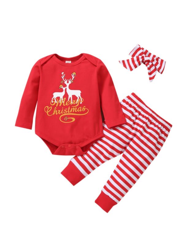3 Pieces Baby Merry Christmas Stripe Deer Set Bodysuit & Pants & Headband