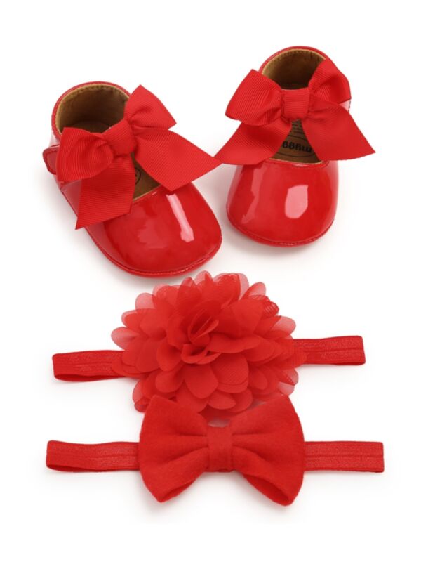1 Pack Baby Bow Plain Princess First Walker Shoes With Headbands