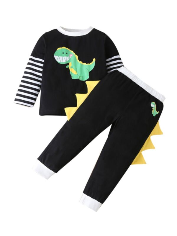 2 Pieces Kid Boy Dinosaur Black Set Stripe Top Matching Trousers