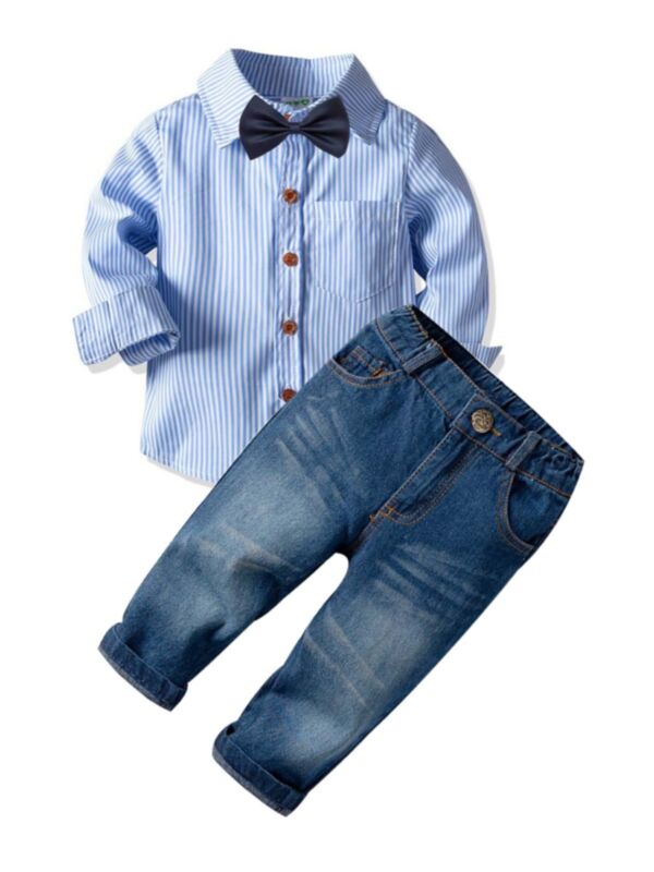 2 Pieces Kid Boy Stripe Bowtie Shirt With Jeans Set 