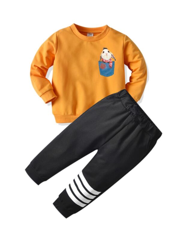 2 Pieces Kid Boy Cartoon Rabbit Top Matching Stripe Trousers Set