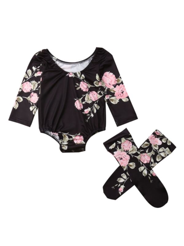 2 Pieces Baby Girl Floral Print Bodysuit With Socks