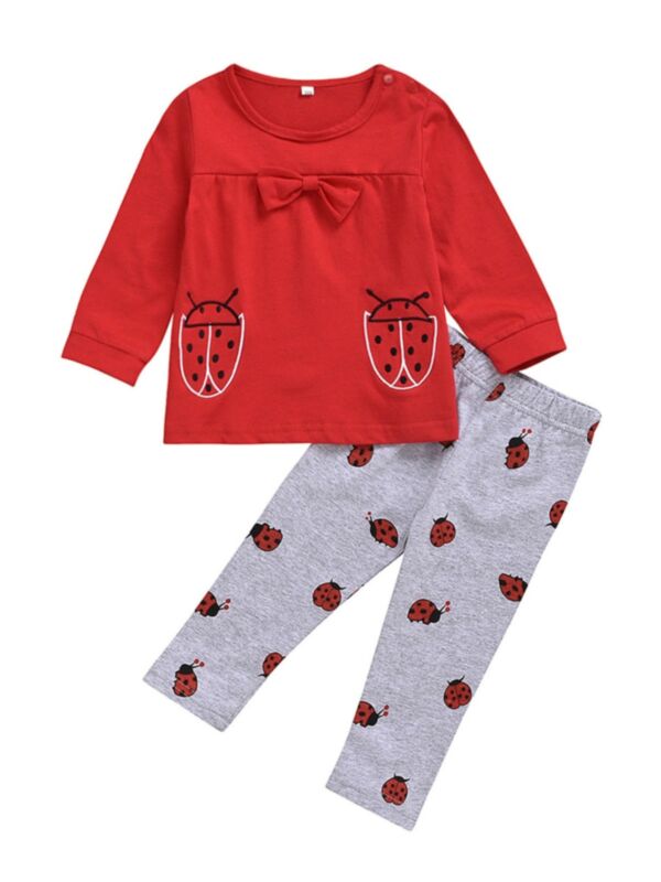 2 Pieces Infant Toddler Girl Ladybug Set Red Top With Grey Pants