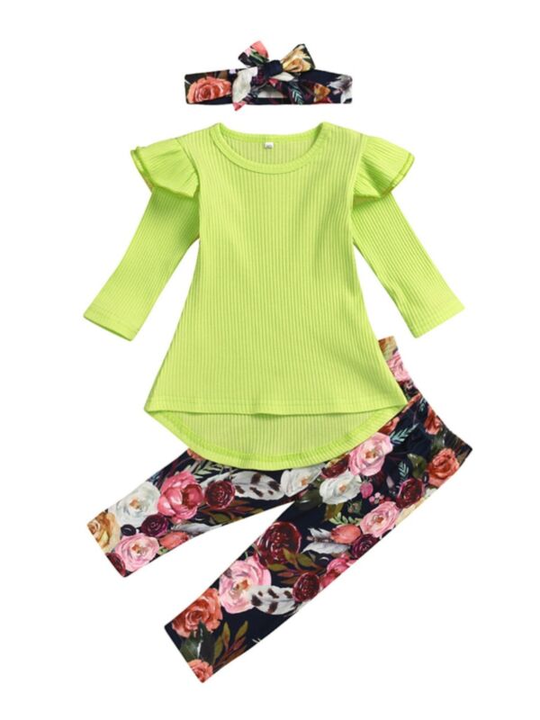 3 Pieces Kid Girl Set Ribbed Tunic Top & Floral Trousers & Headband
