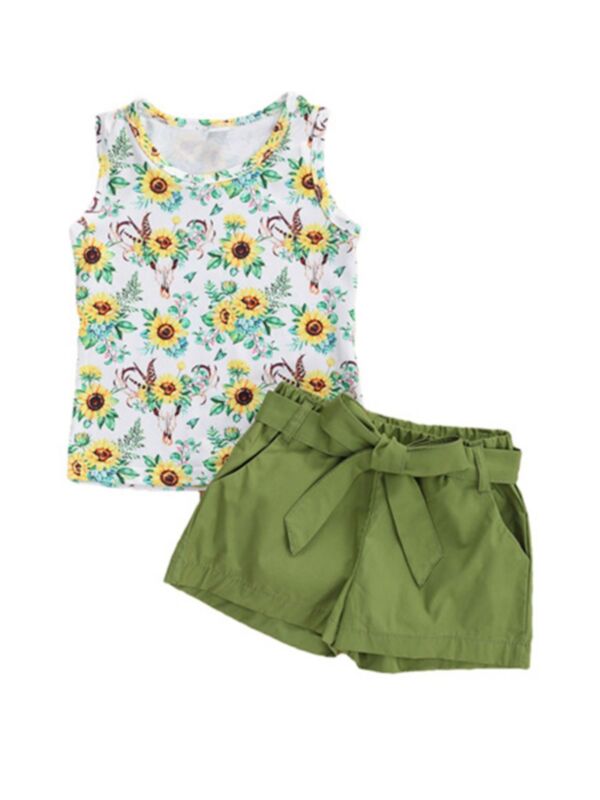 2 Pcs Kid Girl Daisy Flowers Set Tank Top With Belted Shorts
