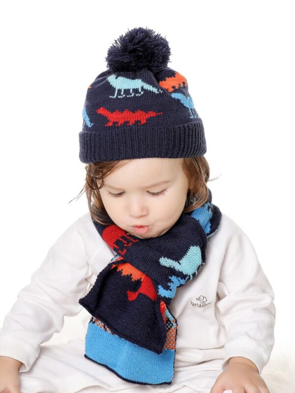 2 Pieces Baby Dinosaur Beanie Wholesale Kids Hats With Scarf
