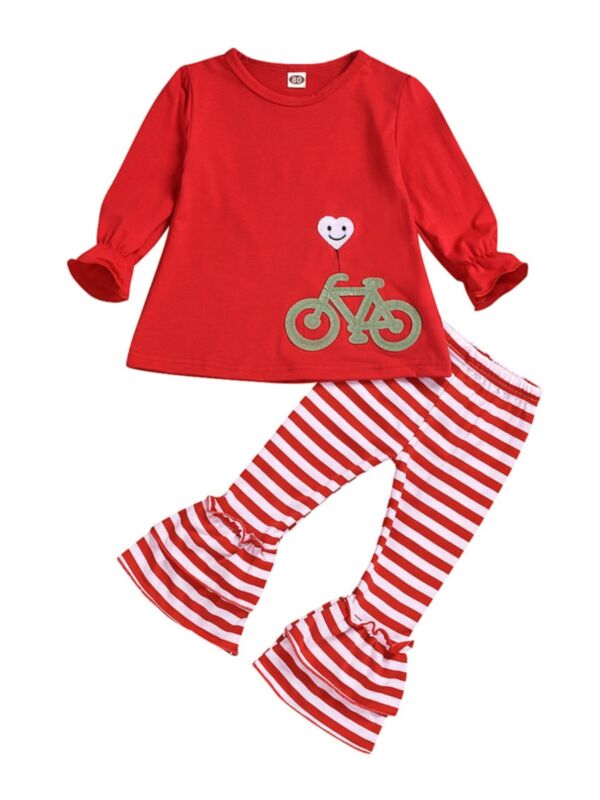 2 Pieces Kid Girl Bike Love Heart Top With Stripe Flared Pants Set 