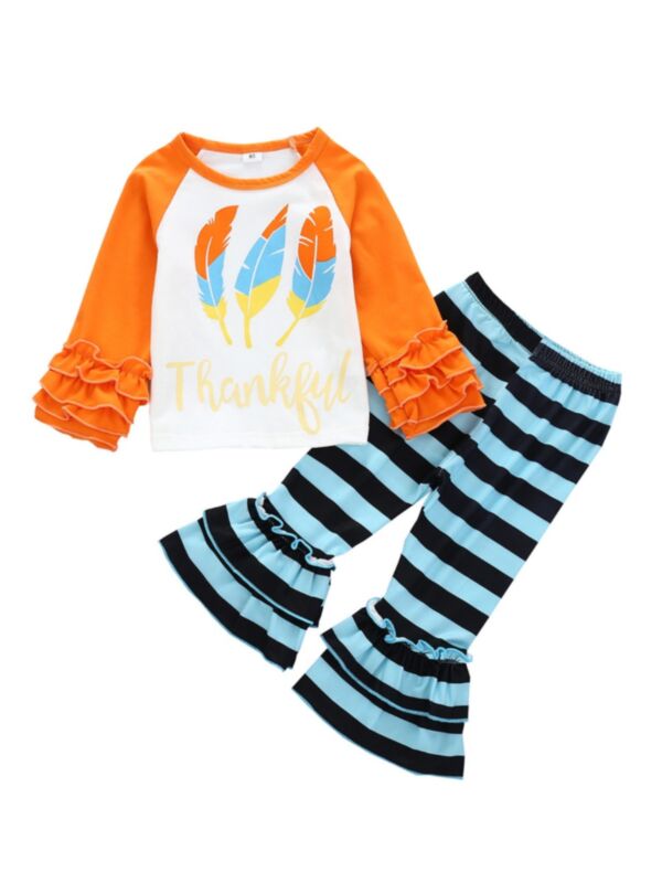 2 Pieces Kid Girl Thanksgiving Set Leaves Color Blocking Top Matching Stripe Flared Pants