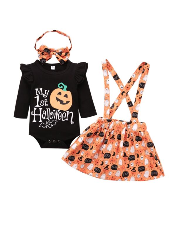 3 Pieces Baby Girl My First Halloween Set Bodysuit & Suspender Skirt & Headband
