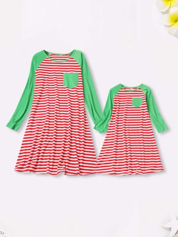Mother And Daughter Xmas Color Blocking Stripe Dress