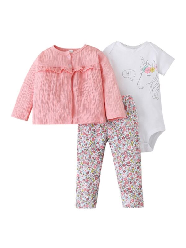 3 Pieces Baby Girl Outfit Pink Top & Unicorn Bodysuit & Floral Trousers