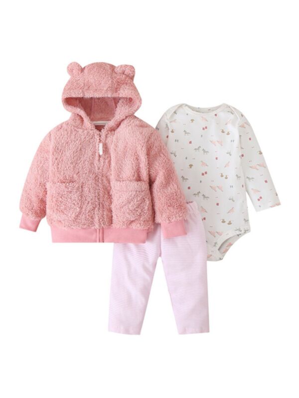 3 Pieces Baby Girl Set Fleece Hooded Coat & Trousers & Rugby Bodysuit