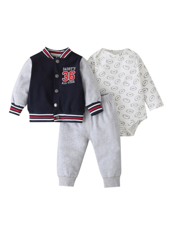 3 Pcs Baby Boy Daddy's All Star Outfit Stripe Jacket & Trousers & Rugby Bodysuit