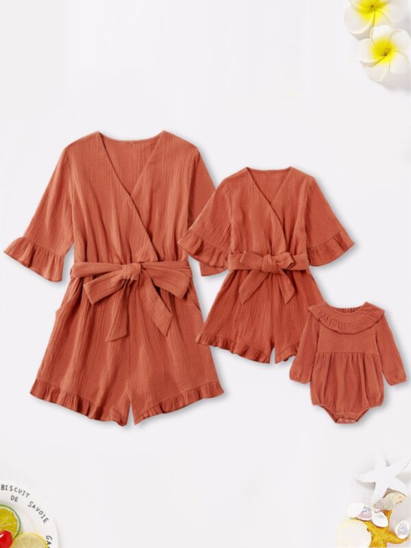 Mother And Daughter Solid Color Self Tie Romper