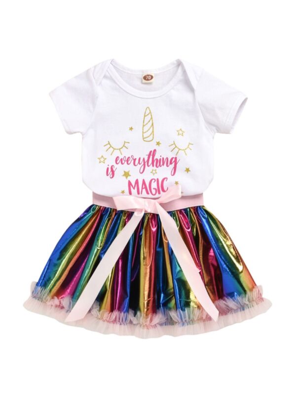 2 Pieces Baby Girl Everything Is Magic Set Bodysuit And Rainbow Mesh Skirt 