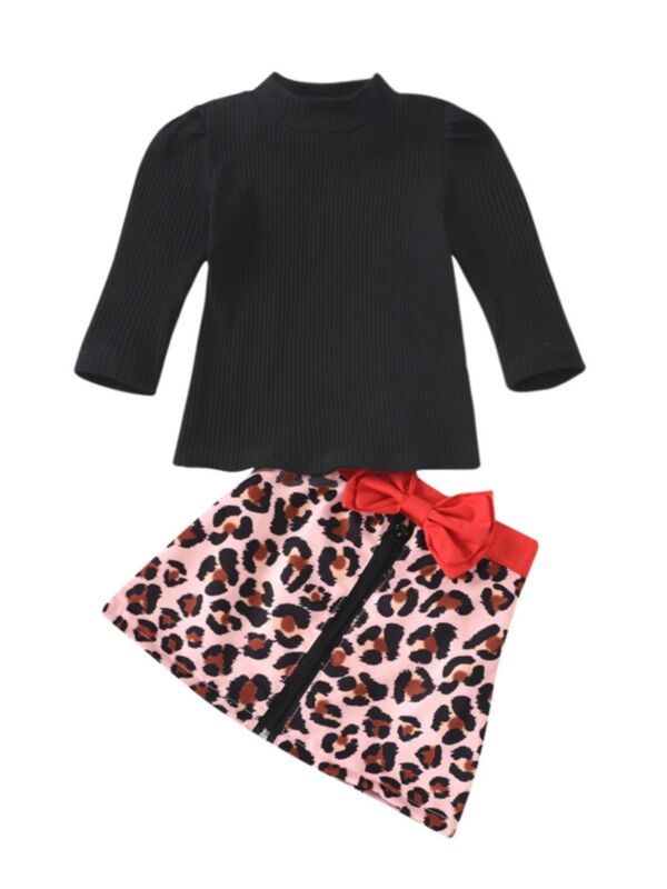 2 Pieces Kid Girl Outfit Top Matching Leopard Bowknot Skirt