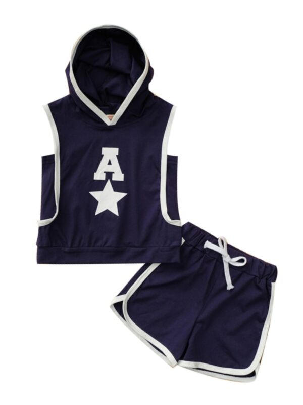 2 Pieces Kid Boy Letter  Star Sports Set Hooded Tank Top With Shorts