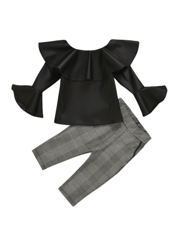 2 Pieces Kid Girl Off Shoulder PU Top Matching Plaid Trousers Set