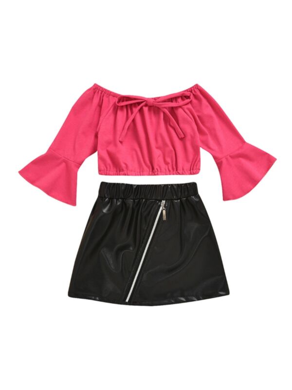 2 Pieces Kid Girl Off Shoulder Flared Sleeve Top With PU Skirt Set 