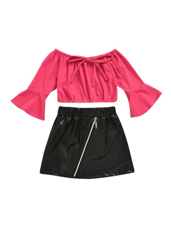 2 Pieces Kid Girl Off Shoulder Flared Sleeve Top With PU Skirt Set