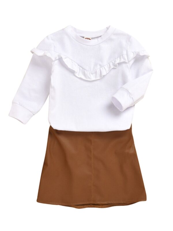 2 Pieces Kid Girl Ruffle Trim Top With PU Skirt Set
