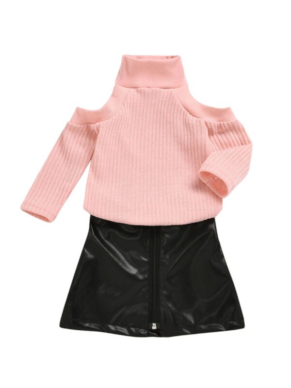 2 Pieces Kid Girl Set Off Shoulder Top With PU Skirt