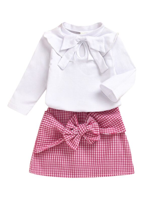2 Pcs Kid Girl Bowknot Outfits Top And Plaid Skirt 
