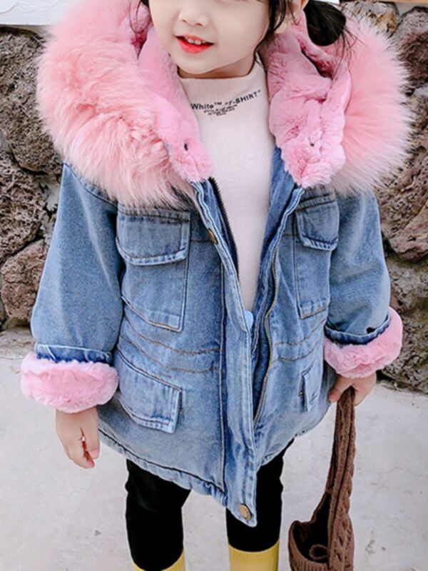 Kid Girl Faux Fur Collar Hooded Demin Coat Wholesale Girls Clothes 200828494
